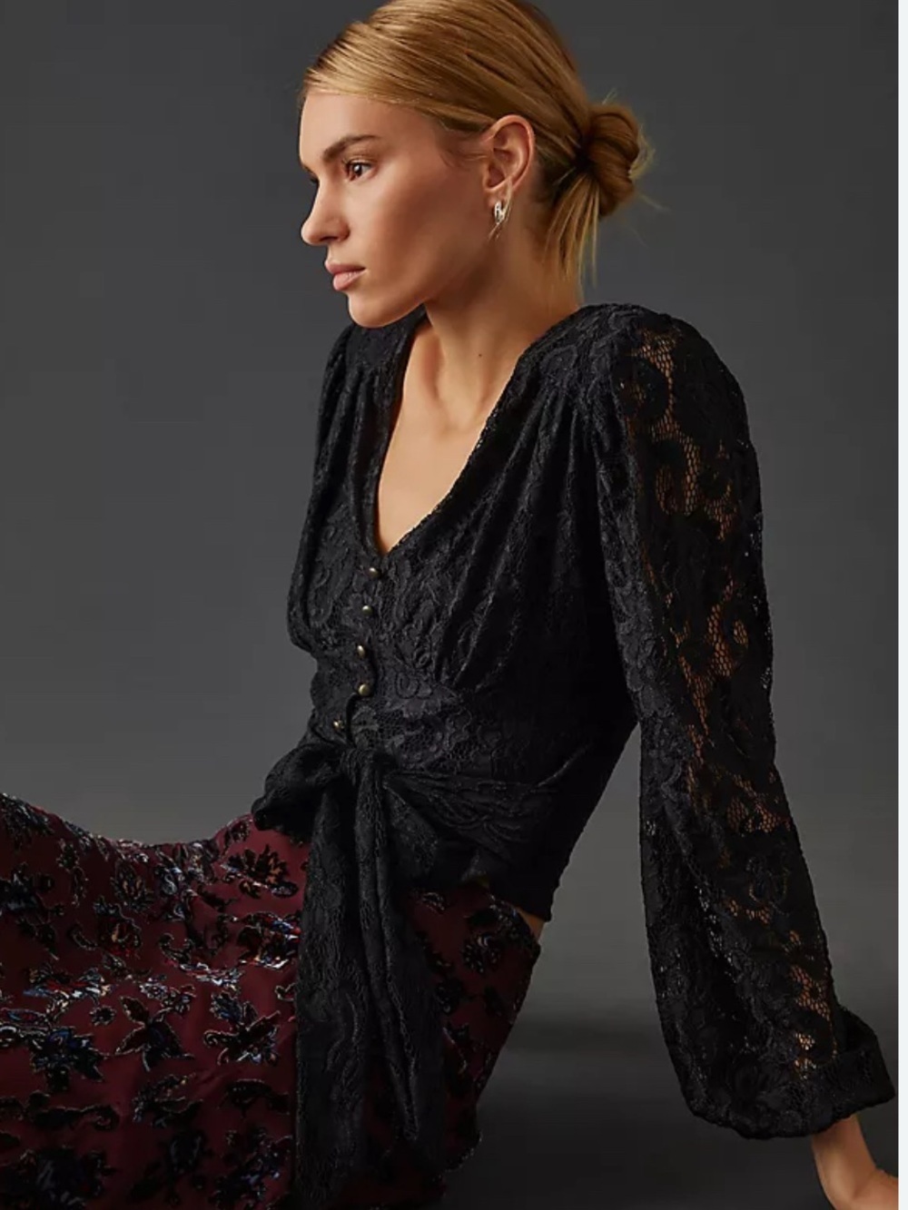 Anthropologie Black Lace Crop Ballon Sleeve Blouse size XS